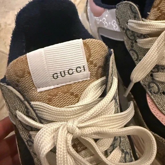 Gucci Beige and Pink Monogram Sneakers - Picture 2 of 6